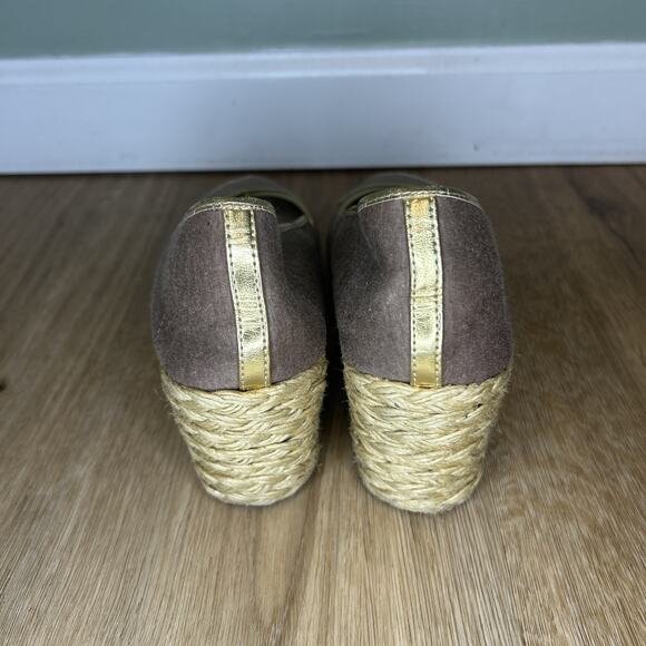 Ralph Lauren Women 9 Cecelia Gray Jersey Gold Trim Espadrille Jute Wedge Peep To - Picture 5 of 9